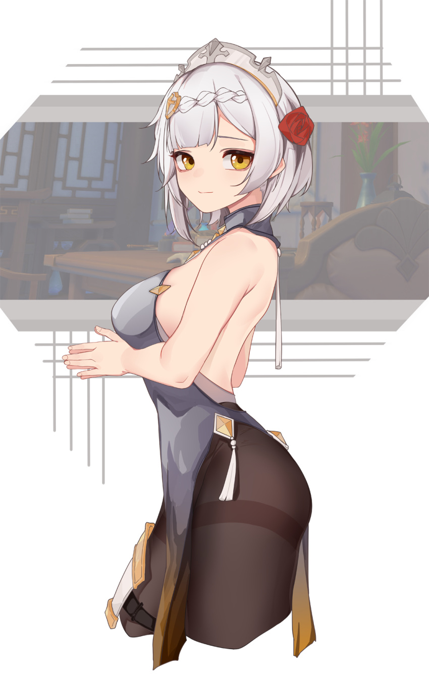 1girl backless_dress backless_outfit bangs bare_arms bare_shoulders braid breasts brown_eyes brown_legwear commentary cropped_legs dress flower from_side genshin_impact grey_dress grey_hair hair_flower hair_ornament highres inniyik looking_at_viewer looking_to_the_side medium_breasts noelle_(genshin_impact) own_hands_together palms_together pantyhose pelvic_curtain red_flower red_rose rose short_hair solo thighband_pantyhose