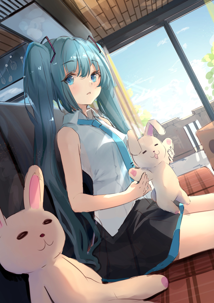 1girl absurdres bangs bare_arms black_skirt blue_eyes blue_hair blue_necktie blush collared_shirt dress_shirt dutch_angle eyebrows_visible_through_hair hair_between_eyes hair_ornament hatsune_miku highres indoors long_hair looking_at_viewer miniskirt necktie open_mouth pleated_skirt rei_(farta_litia) shiny shiny_hair shirt sitting sketch skirt sleeveless sleeveless_shirt solo stuffed_animal stuffed_bunny stuffed_toy triangle_mouth twintails very_long_hair vocaloid white_shirt wing_collar