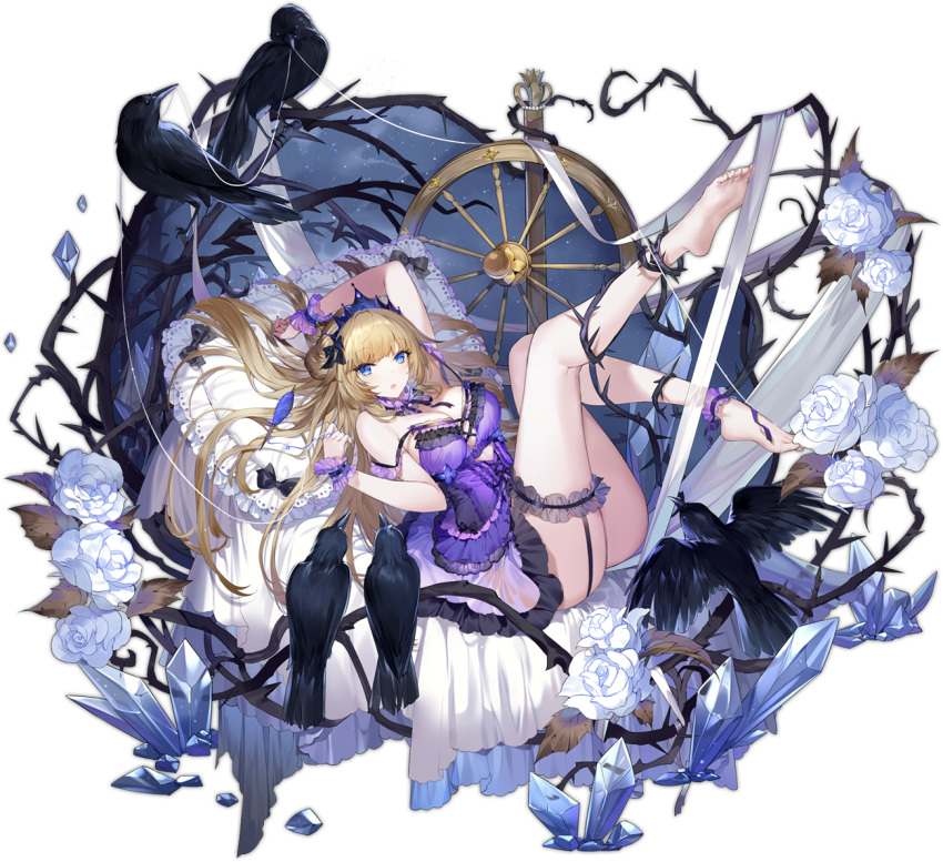1girl ankle_cuffs ark_order babydoll bare_legs bare_shoulders barefoot bed_sheet bird black_bow blonde_hair blue_eyes blue_headwear bow breasts crow crown crystal flower full_body garter_straps hair_bow hatoyama_itsuru ice large_breasts leg_garter looking_at_viewer lying official_art on_back open_mouth pillow purple_babydoll rose sleeping_beauty sleeping_beauty_(ark_order) sleeping_beauty_(character) solo spindle spinning_thread spinning_wheel tachi-e thorns transparent_background white_flower white_rose wrist_cuffs