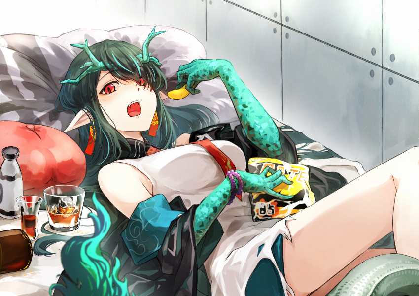 1girl absurdres arknights bed_sheet black_hair commentary_request cup dragon_girl dragon_horns dress dusk_(arknights) eating highres horns jacket lying necktie on_back open_clothes open_jacket open_mouth red_eyes red_necktie tchan320 thighs white_dress
