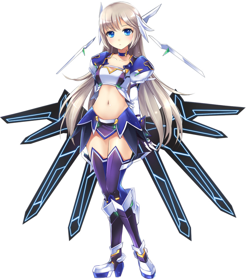 1girl bangs blue_eyes boots collarbone full_body hair_ornament highres long_hair master_of_eternity midriff miniskirt navel official_art rachel_(master_of_eternity) silver_hair skirt solo tachi-e thigh-highs thigh_boots transparent_background wings