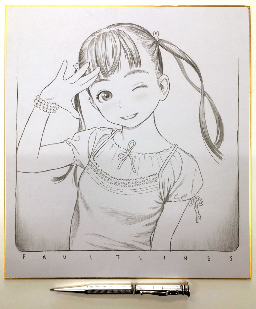 1girl absurdres bangs border bracelet bunny_hair_ornament camisole english_text floating_hair greyscale hair_ornament hand_up highres jewelry long_hair looking_at_viewer mechanical_pencil monochrome murata_range one_eye_closed original parted_lips pencil ribbon salute shikishi shirt short_sleeves smile solo traditional_media twintails upper_body