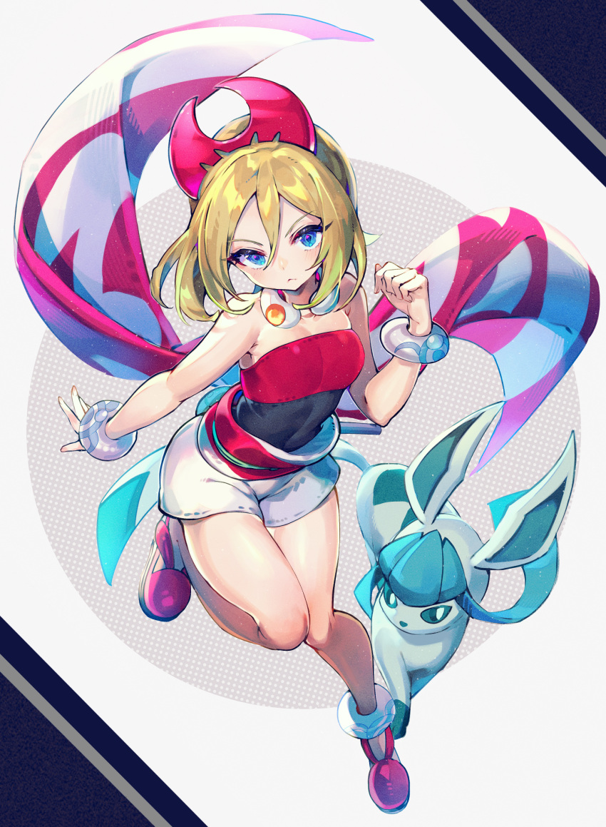 1girl :&lt; anklet bangs blonde_hair blue_eyes blush bracelet closed_mouth collar commentary_request frown glaceon hair_between_eyes hairband hand_up highres irida_(pokemon) jewelry looking_at_viewer onko pokemon pokemon_(creature) pokemon_(game) pokemon_legends:_arceus red_shirt sash shirt shoes short_hair shorts strapless strapless_shirt waist_cape white_shorts