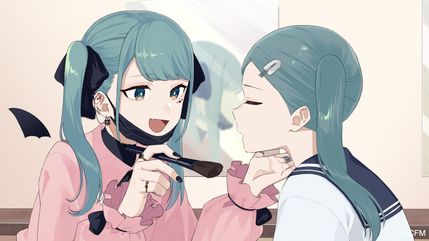 2girls :d absurdres bangs black_bow black_mask black_nails blue_eyes blue_hair blue_sailor_collar bow cinderella_(vocaloid) closed_eyes commentary creator_connection dual_persona ear_piercing earrings fang hair_bow hair_ornament hairclip hatsune_miku heart heart_tattoo highres holding holding_brush jewelry long_sleeves makeup_brush mask mirror mouth_mask multiple_girls multiple_rings open_mouth piercing pink_shirt puffy_long_sleeves puffy_sleeves ring rozu_ki sailor_collar school_uniform serafuku shirt sidelocks smile tattoo twintails upper_body vampire_(vocaloid) vocaloid white_shirt
