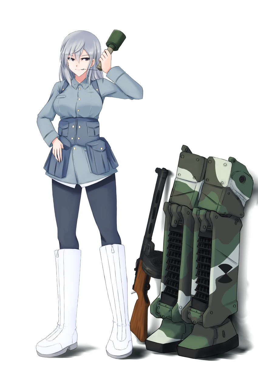 1girl absurdres aurora_e._juutilainen belt_pouch black_leggings breast_pocket explosive grenade grey_eyes grey_hair grey_jacket gun hair_between_eyes hand_on_hip highres isosceles_triangle_(xyzxyzxyz) jacket leggings long_hair mouth_hold pocket pouch sidelocks smile solo standing stielhandgranate strike_witches:_aurora_no_majo striker_unit submachine_gun weapon weapon_request white_footwear