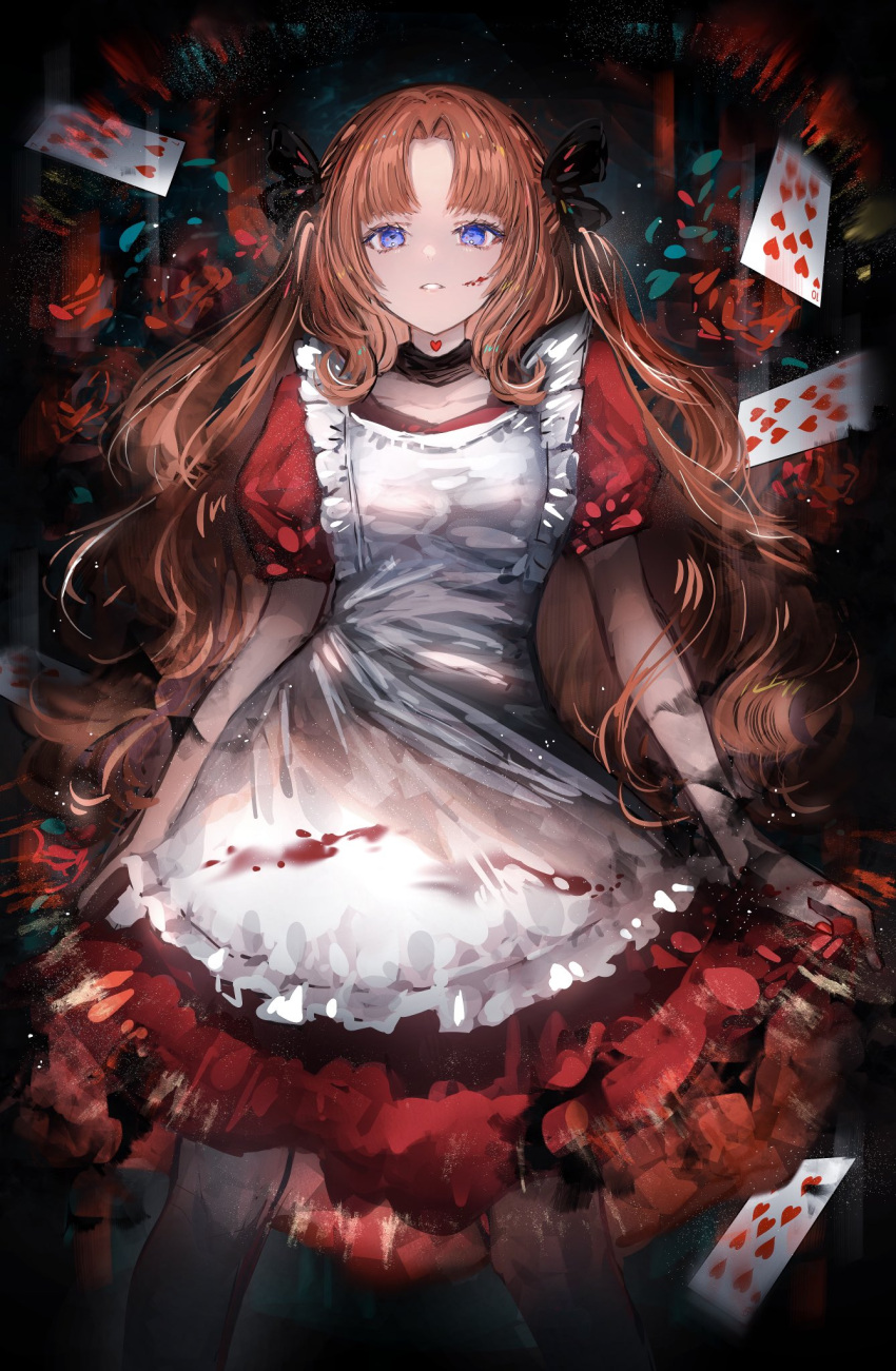 1girl apron arms_at_sides bangs blood blood_on_face blue_eyes card collar collarbone commentary cowboy_shot dark_background dress english_commentary frilled_apron frills highres long_hair looking_at_viewer nanaponi orange_hair original parted_bangs parted_lips playing_card puffy_short_sleeves puffy_sleeves red_dress red_nails short_sleeves solo standing white_apron