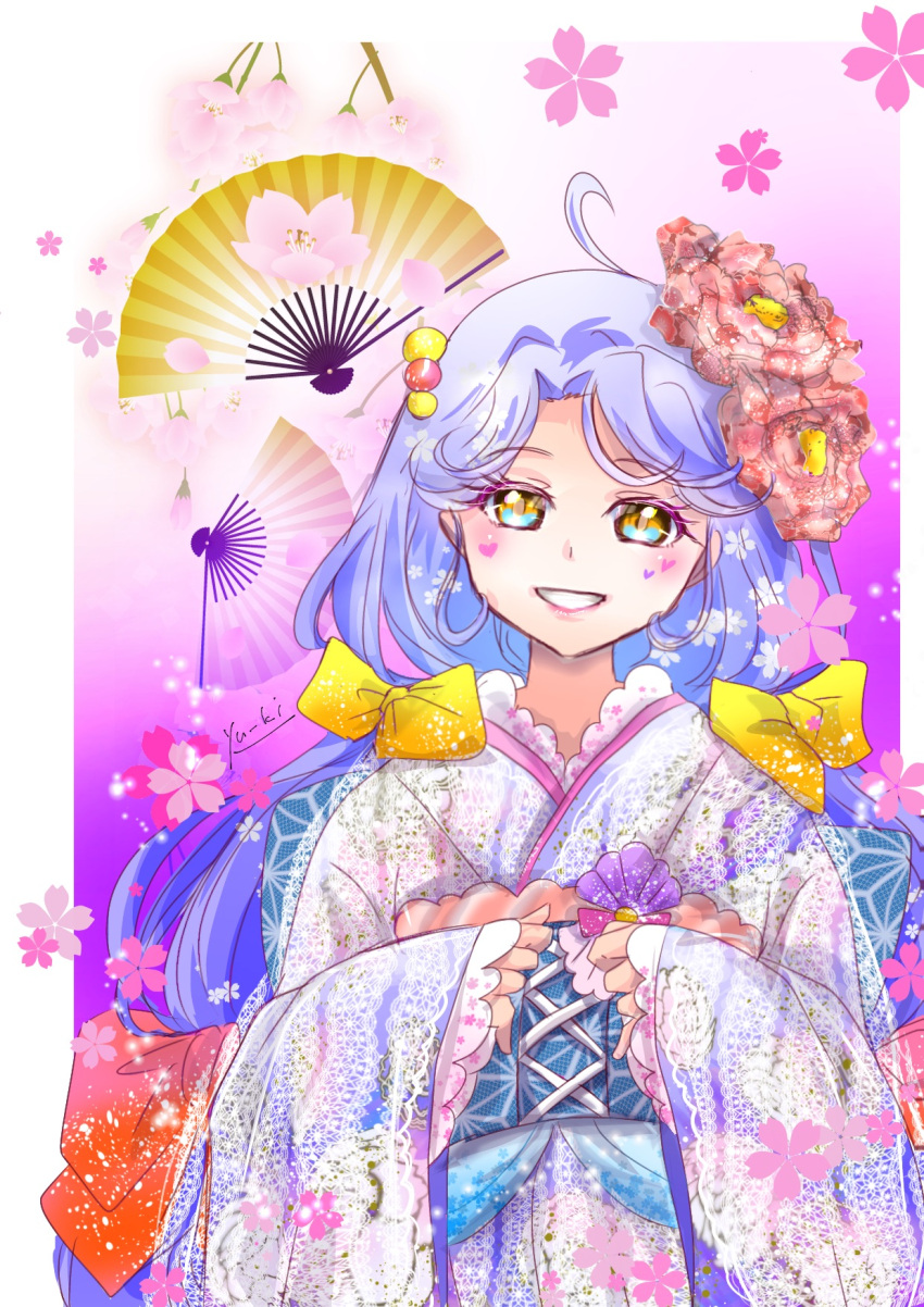 1girl ahoge border bow grin hair_bow hair_intakes heart highres japanese_clothes kimono long_hair long_sleeves looking_at_viewer manekineko5319 obi outside_border precure sash silver_hair sleeves_past_wrists smile solo suzumura_sango tropical-rouge!_precure very_long_hair white_border white_kimono wide_sleeves yellow_bow yellow_eyes yukata