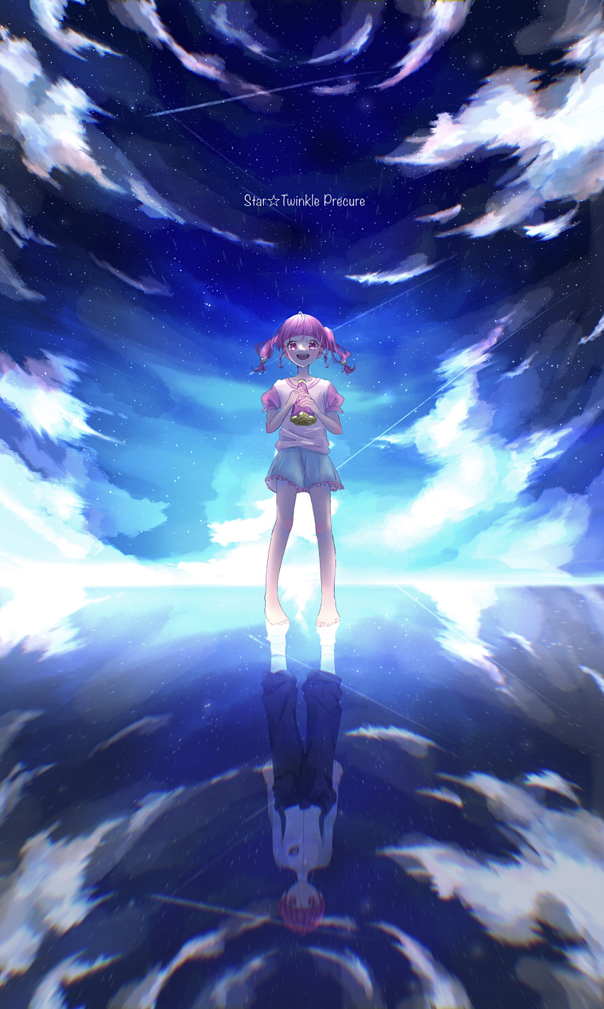 1girl :d absurdres ahoge ap_(pixiv74197750) bangs barefoot black_pants blue_shorts blunt_bangs clouds collarbone copyright_name floating_hair frilled_shorts frills hair_ornament highres holding hoshina_hikaru long_hair looking_at_viewer outdoors pants pink_hair pink_sleeves precure red_eyes reflection reflective_water shirt short_shorts short_sleeves shorts sky smile star_(sky) star_twinkle_precure starry_sky twintails white_shirt