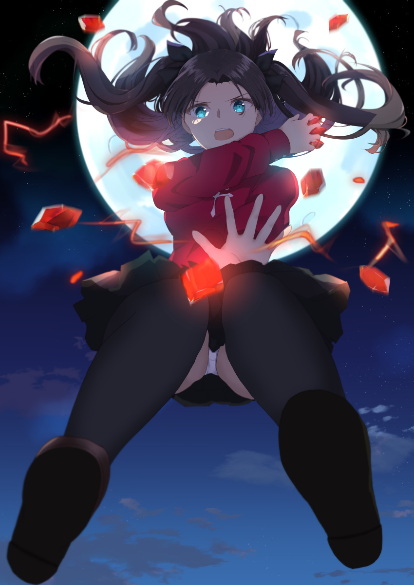 1girl absurdres black_bow black_legwear black_skirt blue_eyes bow brown_hair fate/stay_night fate_(series) floating_hair from_below full_moon gem hair_bow highres long_hair long_sleeves looking_at_viewer magic massiro_nekorin miniskirt moon night open_mouth outdoors panties pantyshot pleated_skirt red_sweater shiny shiny_hair skirt solo sweater thigh-highs tohsaka_rin twintails underwear very_long_hair white_panties