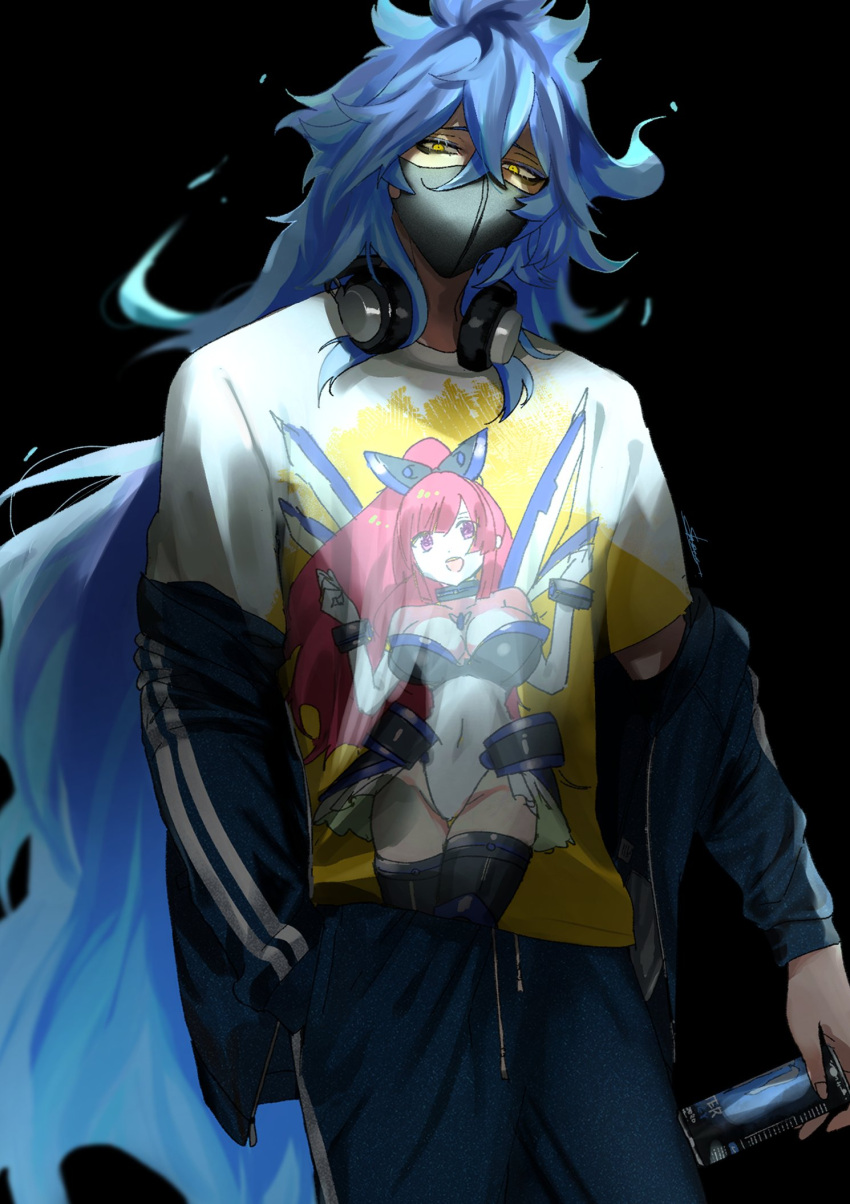 1boy bags_under_eyes bishounen black_background blue_hair can character_print cowboy_shot energy_drink fiery_hair from_below furrowed_brow hand_in_pocket headphones headphones_around_neck highres holding holding_can idia_shroud jacket jacket_partially_removed long_hair looking_down male_focus mask messy_hair monster_energy mouth_mask print_shirt shirt shoco_(sco_labo) solo standing track_suit twisted_wonderland very_long_hair white_shirt yellow_eyes