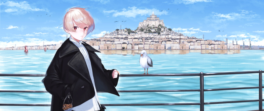 1girl bird black_jacket blonde_hair blue_sky building buoy city closed_mouth clouds collared_shirt commentary_request day feeding fuurin_sou highres jacket leaning_on_rail long_sleeves looking_at_viewer ocean original outdoors red_eyes seagull shirt short_hair sky sleeves_past_wrists solo upper_body white_shirt
