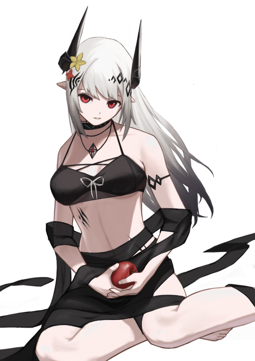 1girl apple arknights armlet bare_shoulders barefoot bikini black_bikini black_ribbon breasts collar collarbone dutch_angle eyebrows_behind_hair flower food fruit hair_flower hair_ornament highres holding holding_food holding_fruit horns infection_monitor_(arknights) jewelry long_hair looking_at_viewer medium_breasts mudrock_(arknights) mudrock_(silent_night)_(arknights) navel necklace official_alternate_costume oripathy_lesion_(arknights) parted_lips pointy_ears red_eyes ribbon sidelocks silver_hair simple_background sitting smile solo swimsuit under_boob very_long_hair white_background yellow_flower yokozuwari
