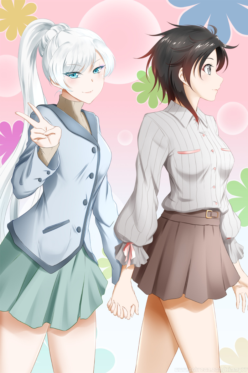 2girls bangs banned_artist beige_skirt black_hair blue_eyes blue_jacket breasts buttons closed_mouth english_commentary eyebrows_visible_through_hair green_skirt grey_eyes grey_shirt hand_up highres holding_hands jacket kimmy77 long_hair looking_ahead looking_at_viewer multicolored_background multicolored_hair multiple_girls pleated_skirt redhead ruby_rose rwby scar scar_across_eye shirt short_hair side_ponytail skirt smile streaked_hair sweater swept_bangs turtleneck turtleneck_sweater v very_long_hair walking weiss_schnee white_hair yuri