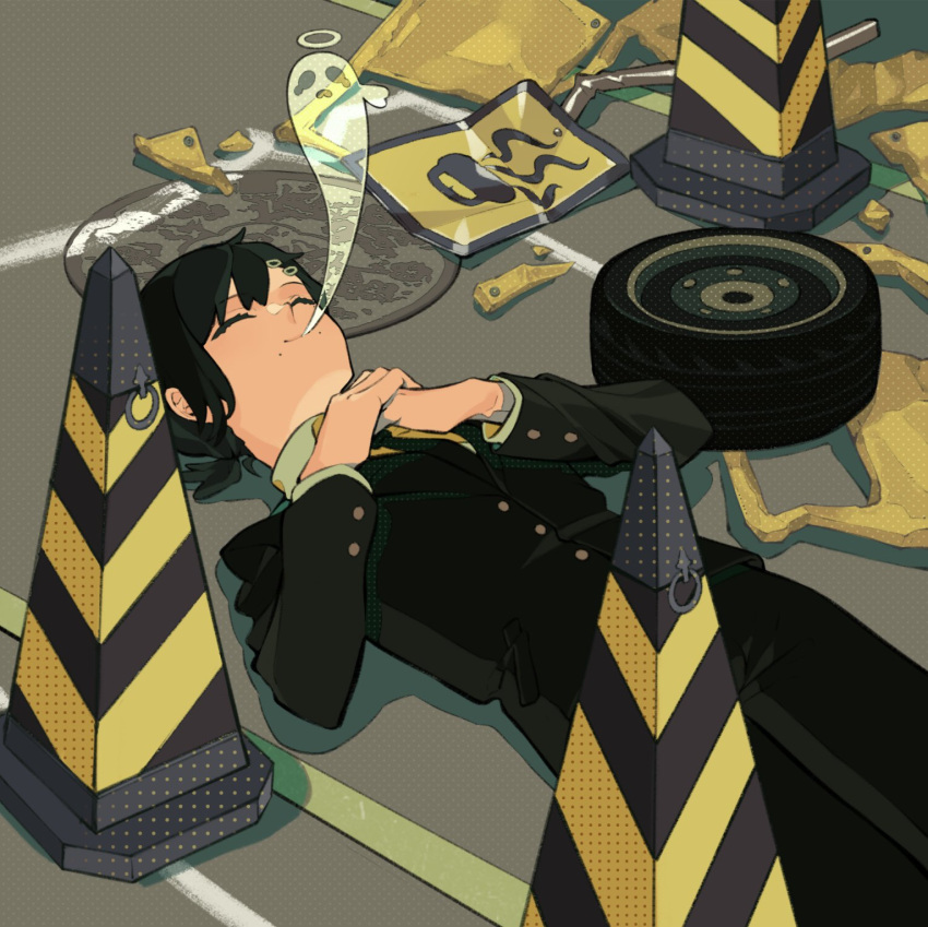 1girl bangs black_hair black_jacket black_necktie black_pants black_suit buttons chainsaw_man closed_eyes closed_mouth commentary d: ghost giving_up_the_ghost hair_ornament hairclip halo hands_on_own_chest higashiyama_kobeni highres jacket long_sleeves low_ponytail lying manhole_cover medium_hair mole mole_under_mouth necktie on_back pants road road_sign shirt short_ponytail sign smile solo tears traffic_cone tuzaixia wheel white_shirt