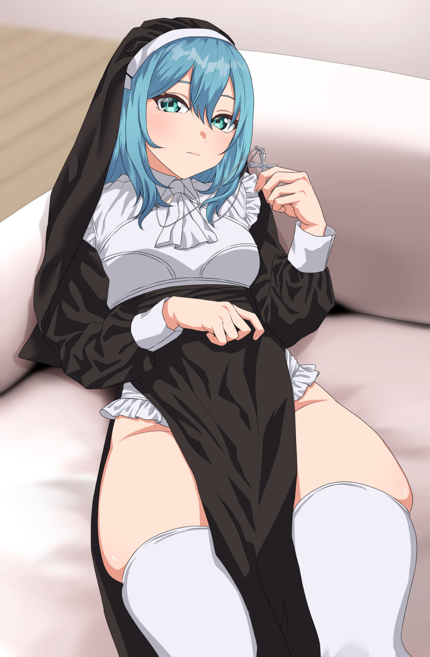 1girl absurdres amane_a_(007_uiro) aqua_eyes blue_hair breasts cross cross_necklace grill highres jewelry long_hair looking_at_viewer lying necklace nun on_back original simple_background skindentation solo thigh-highs veil white_background white_legwear