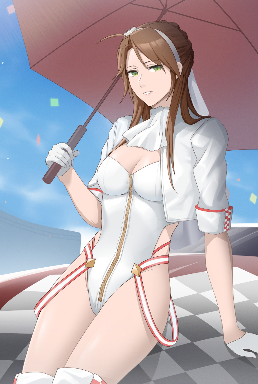 1girl absurdres braid brown_hair checkered commission cowboy_shot cropped_jacket french_braid girls_frontline gloves green_eyes hairband highleg highleg_leotard highres homomomomon jacket lee-enfield_(girls'_frontline) leotard long_hair looking_at_viewer racequeen solo umbrella white_gloves white_hairband white_jacket white_leotard white_umbrella