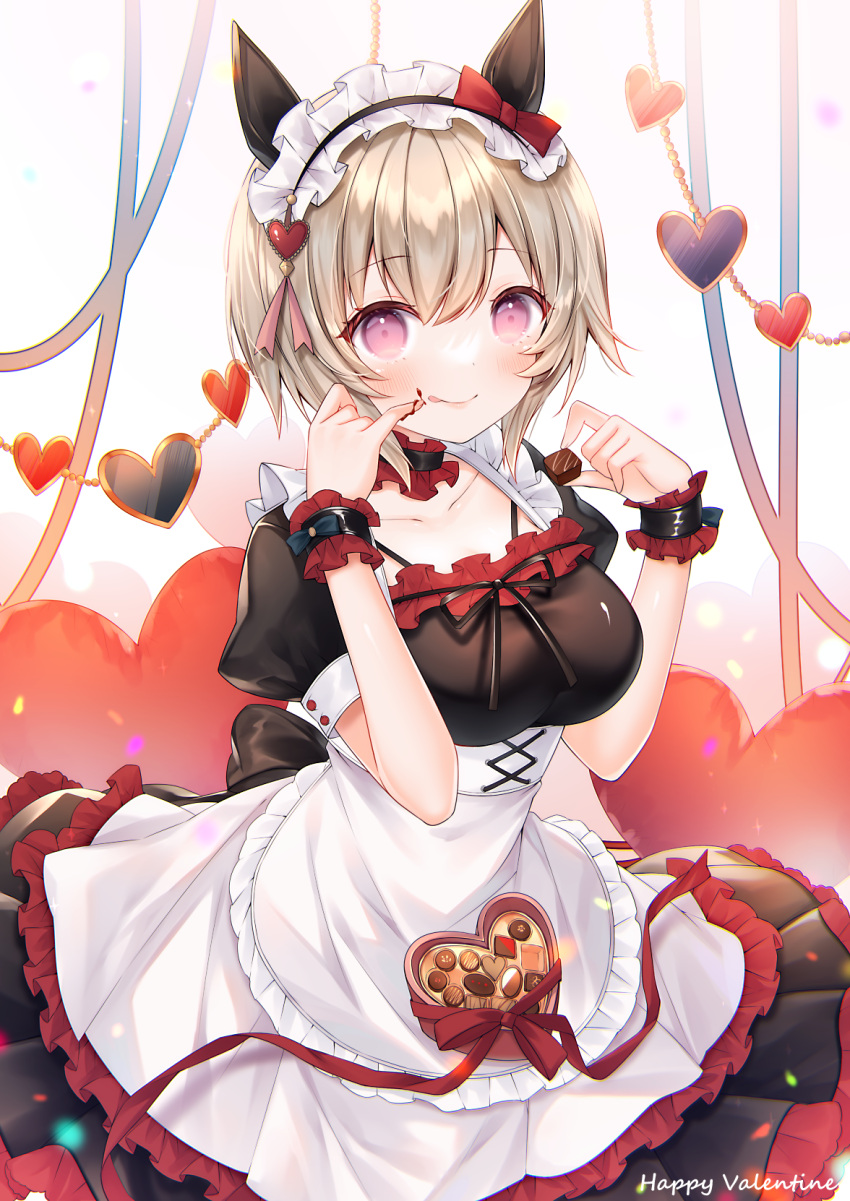 1girl animal_ears apron black_dress blush box breasts chocolate closed_mouth collarbone curren_chan_(umamusume) dress eyebrows_visible_through_hair hair_between_eyes happy_valentine haruhitooo heart-shaped_box highres horse_ears horse_girl large_breasts looking_at_viewer puffy_short_sleeves puffy_sleeves short_hair short_sleeves silver_hair smile solo tongue tongue_out umamusume valentine violet_eyes white_apron