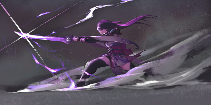 1girl diffraction_spikes dust dust_cloud electricity genshin_impact glowing glowing_sword glowing_weapon highres holding holding_weapon japanese_clothes katana kong_ling_hai long_hair long_sleeves magatama magatama_print patterned patterned_clothing purple_hair raiden_shogun solo sword weapon wide_sleeves