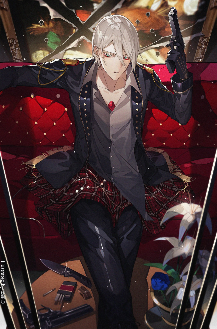 1boy bangs bishounen black_jacket blue_eyes blue_flower blue_rose bullet_hole chest_jewel chinese_commentary cigarette cigarette_pack couch crossed_legs eyeshadow fate/grand_order fate_(series) feet_out_of_frame finger_on_trigger flower formal gloves gun hair_between_eyes handgun highres holding holding_gun holding_weapon jacket karna_(fate) knife lighter long_hair long_sleeves looking_at_viewer makeup male_focus no_smoking rose shirt sitting solo sqloveraven weapon white_hair