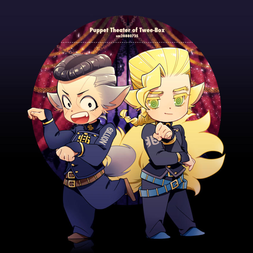 2boys animal_ears arrow_earrings belt black_hair blonde_hair braid chibi diamond_wa_kudakenai earrings facial_mark flattop gakuran green_eyes grey_hair halloween highres jewelry jojo_no_kimyou_na_bouken kobayashi_(oksk0x0) male_focus multicolored_hair multiple_belts multiple_boys nijimura_keicho nijimura_okuyasu paw_pose pompadour school_uniform tail two-tone_hair wolf_ears wolf_tail