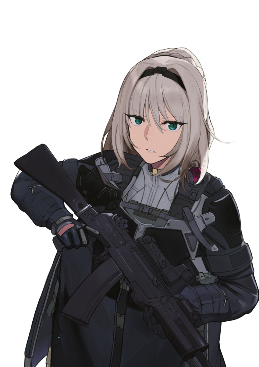 1girl absurdres an-94 an-94_(girls'_frontline) assault_rifle bangs black_gloves blonde_hair braid eyebrows_visible_through_hair girls_frontline gloves green_eyes gun hairband highres holding holding_gun holding_weapon la13 long_hair looking_at_viewer mod3_(girls'_frontline) open_mouth parted_lips ponytail rifle solo standing tactical_clothes teeth weapon white_background