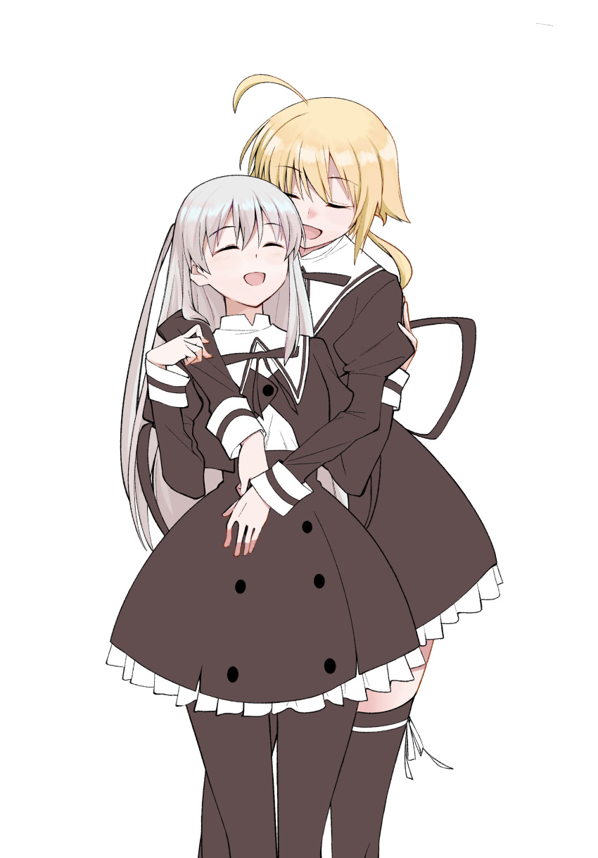 2girls :d absurdres ahoge amano_soraha assault_lily bangs black_legwear black_ribbon blonde_hair blush buttons closed_eyes commentary_request cowboy_shot cropped_jacket egawa_kusumi eyebrows_visible_through_hair frilled_skirt frills hair_between_eyes hands_on_another's_arms hands_up height_difference high-waist_skirt highres hug hug_from_behind juliet_sleeves leg_ribbon long_hair long_sleeves low_ponytail multiple_girls neck_ribbon open_mouth pantyhose ponytail puffy_sleeves ribbon sasaki33916 school_uniform sidelocks silver_hair simple_background skirt smile standing thigh-highs very_long_hair white_background white_ribbon yuri yurigaoka_girls_academy_school_uniform zettai_ryouiki