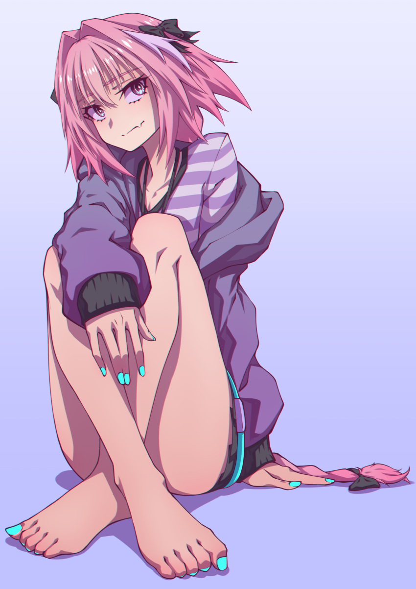 1boy absurdres aqua_nails arm_support astolfo_(fate) astolfo_(memories_at_trifas)_(fate) barefoot bow braid braided_ponytail closed_mouth fang fate/apocrypha fate_(series) hair_bow hej highres jacket long_hair long_sleeves looking_at_viewer male_focus multicolored_hair nail_polish otoko_no_ko pink_hair purple_jacket shirt sitting skin_fang solo streaked_hair striped striped_shirt toenail_polish toenails very_long_hair