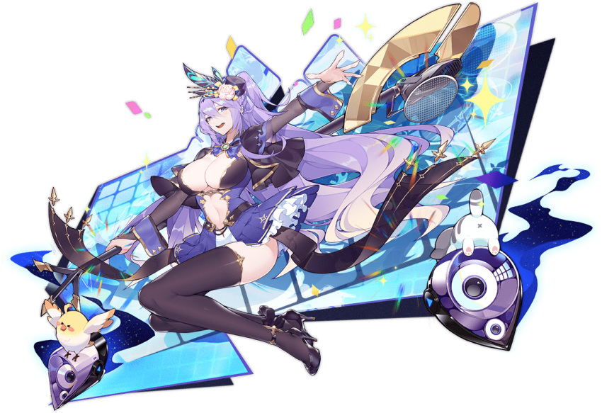 1girl :d ark_order bangs black_capelet black_footwear black_gloves black_legwear breasts bridal_gauntlets calder capelet cat center_opening confetti dress elbow_gloves flower full_body gloves hat hat_feather hat_flower high_heels holding holding_microphone large_breasts long_hair looking_at_viewer microphone mini_hat mini_top_hat navel official_art open_mouth purple_dress purple_hair rose selene_(ark_order) shoes smile solo speaker thigh-highs top_hat transparent_background very_long_hair violet_eyes white_flower white_rose wrist_cuffs