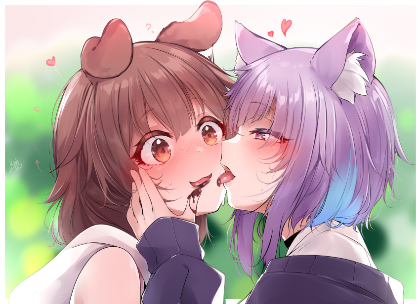 2girls absurdres animal_ear_fluff animal_ears black_jacket blurry blurry_background blush brown_eyes brown_hair cat_ears chocolate chocolate_on_face chocolate_on_hand commentary_request depth_of_field dog_ears flying_sweatdrops food food_on_face food_on_hand half-closed_eye heart highres hololive inugami_korone jacket kana616 licking long_sleeves multiple_girls nekomata_okayu nose_blush profile puffy_long_sleeves puffy_sleeves purple_hair shirt sleeves_past_wrists spanish_commentary sweat upper_body violet_eyes virtual_youtuber white_shirt