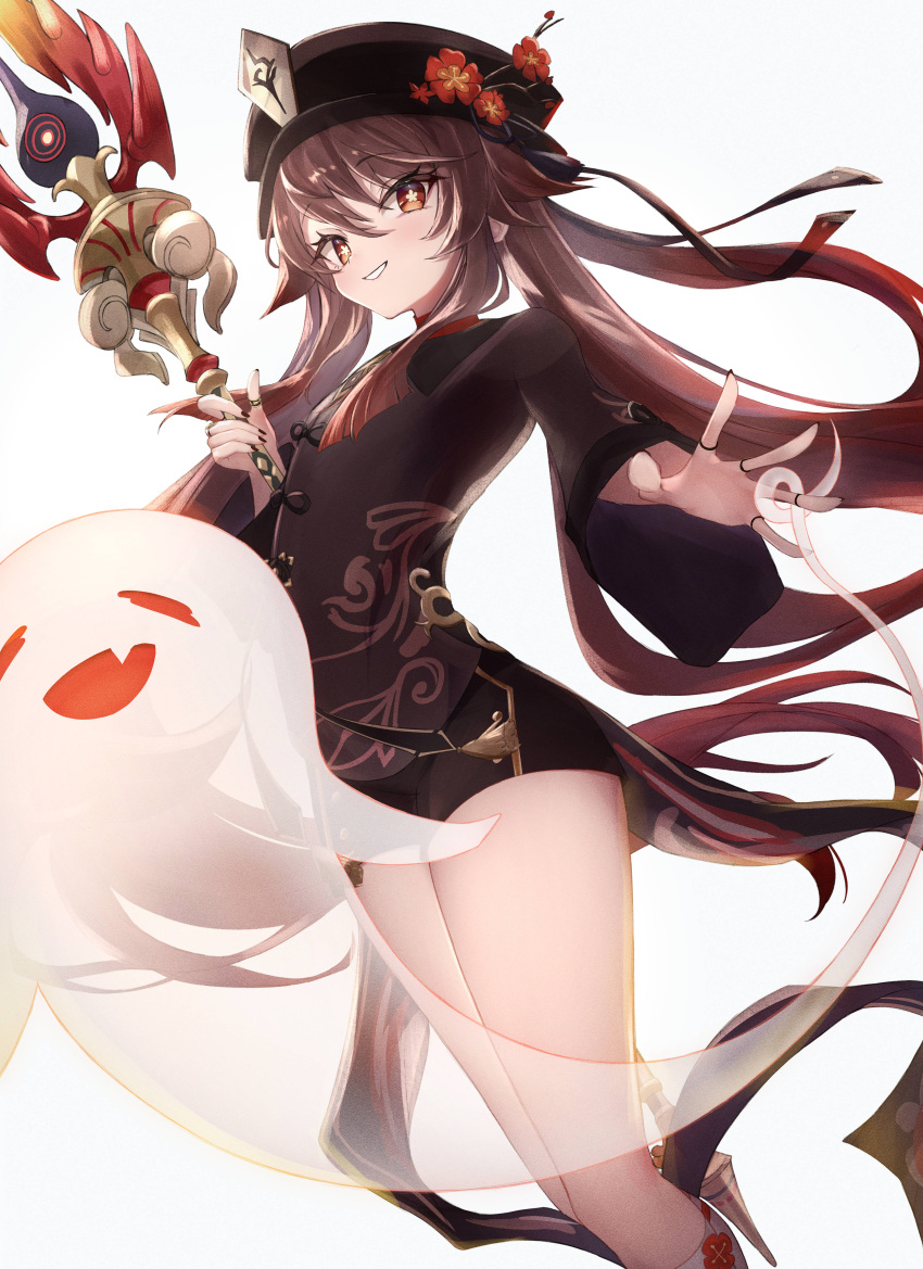 1girl absurdres black_headwear black_nails brown_dress brown_eyes brown_hair dress eyebrows_visible_through_hair fingernails flower flower-shaped_pupils genshin_impact ghost hair_between_eyes hat higashigure highres holding holding_staff hu_tao_(genshin_impact) jewelry long_hair long_sleeves looking_at_viewer nail_polish plum_blossoms ring simple_background solo staff staff_of_homa_(genshin_impact) standing symbol-shaped_pupils thighs very_long_hair white_background
