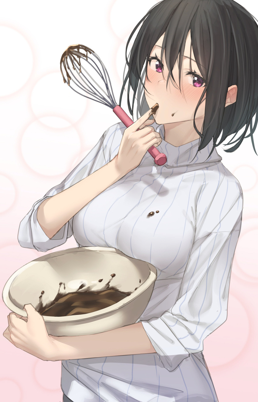 1girl black_hair bowl breasts chocolate commentary_request eating finger_in_mouth food food_on_clothes food_on_face hair_between_eyes hand_up highres holding holding_bowl holding_whisk large_breasts looking_at_viewer original pallad short_hair sleeves_rolled_up solo striped striped_sweater sweater turtleneck turtleneck_sweater vertical-striped_sweater violet_eyes whisk white_sweater