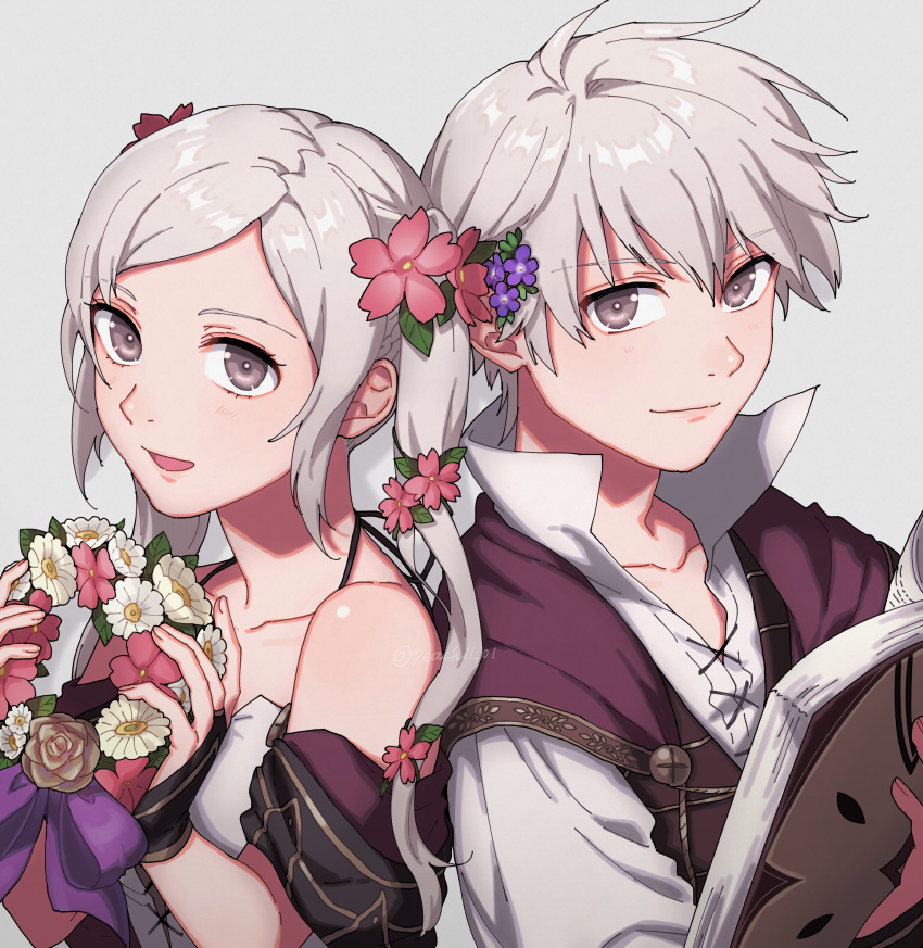 1boy 1girl absurdres bangs bare_shoulders black_gloves book closed_mouth collarbone fingerless_gloves fire_emblem fire_emblem_heroes flower gloves grey_eyes hair_between_eyes hair_flower hair_ornament high_collar highres holding holding_book holding_flower looking_at_viewer open_mouth peach11_01 purple_robe robin_(fire_emblem) robin_(fire_emblem)_(female) shirt simple_background smile swept_bangs twintails white_shirt