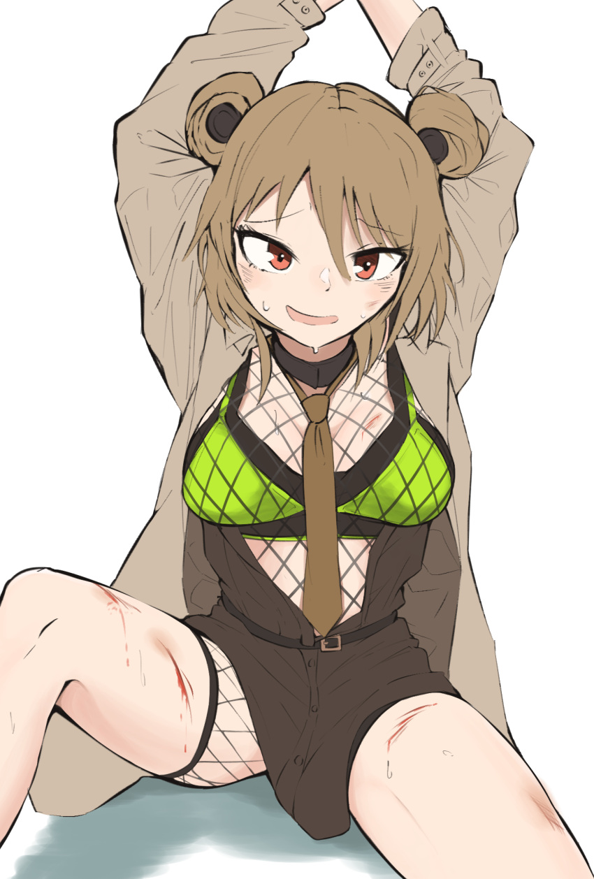 1girl bangs blood_on_leg blush bound bound_wrists breasts brown_coat brown_dress brown_hair brown_necktie coat double_bun dress eyebrows_visible_through_hair feet_out_of_frame girls_frontline green_sports_bra highres kuzumotsu looking_at_viewer medium_breasts medium_hair necktie official_alternate_costume on_floor open_clothes open_coat open_dress open_mouth p90_(girls'_frontline) red_eyes scar smile solo sports_bra sweat white_background