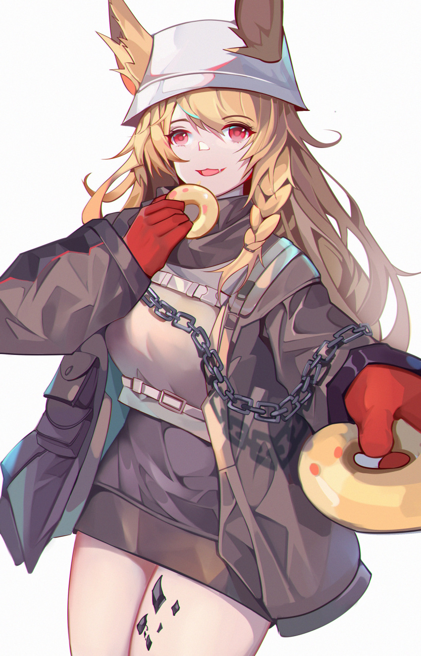 1girl :3 :d absurdres animal_ears arknights bangs black_jacket black_skirt braid brown_hair ceobe_(arknights) ceobe_(unfettered)_(arknights) chain commentary_request cowboy_shot doughnut ears_through_headwear eyebrows_visible_through_hair fang food gloves highres holding holding_food jacket long_hair long_sleeves looking_at_viewer miniskirt official_alternate_costume open_clothes open_jacket oripathy_lesion_(arknights) partial_commentary red_eyes red_gloves simple_background single_braid skirt smile solo standing thighs vsa_(xmj173178) white_background white_headwear