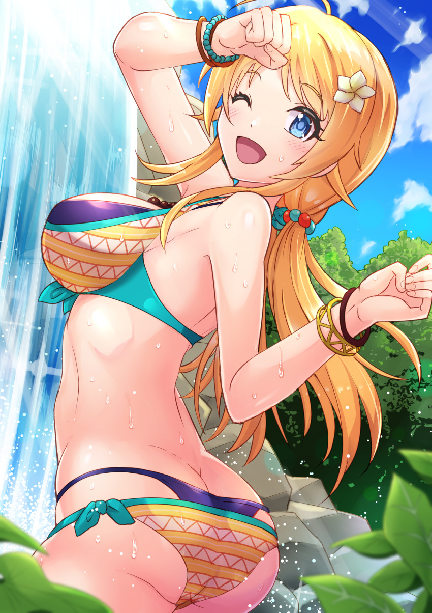 1girl absurdres ahoge ass bikini blonde_hair blue_eyes blue_sky clouds commentary_request d-n day dutch_angle from_behind hachimiya_meguru highres idolmaster idolmaster_shiny_colors layered_bikini long_hair looking_at_viewer low_twintails multicolored_bikini multicolored_clothes outdoors sky smile solo swimsuit twintails water waterfall
