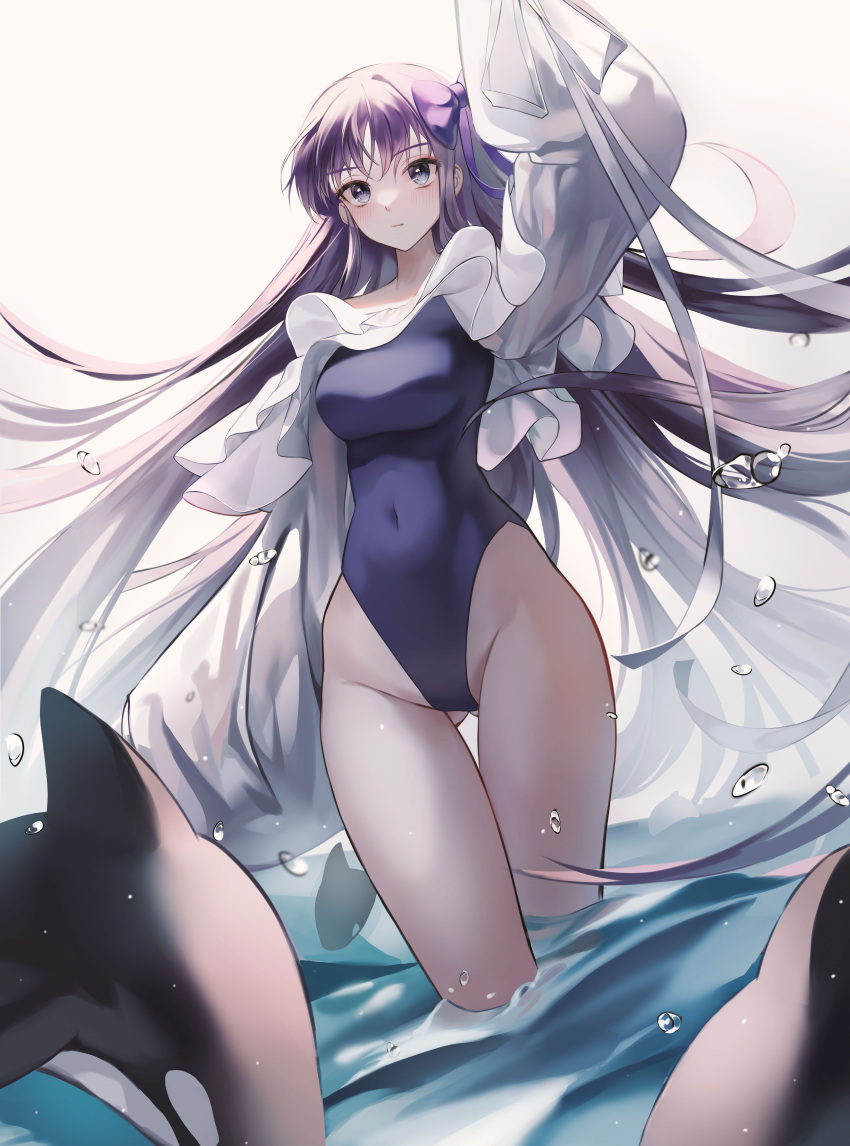 1girl absurdres ass_visible_through_thighs blue_eyes blue_swimsuit bow covered_navel fate/grand_order fate_(series) frilled_swimsuit frills hair_bow highleg highleg_swimsuit highres long_hair long_sleeves looking_at_viewer man_do meltryllis_(fate) meltryllis_(swimsuit_lancer)_(fate) off-shoulder_one-piece_swimsuit off_shoulder one-piece_swimsuit orca purple_hair sleeves_past_wrists solo swimsuit very_long_hair water