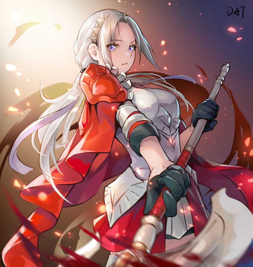 1girl armor axe black_gloves breastplate cape commentary cowboy_shot da-cart edelgard_von_hresvelg fire_emblem fire_emblem:_three_houses fire_emblem_warriors:_three_hopes forehead gloves hairband highres holding holding_axe holding_weapon long_hair looking_at_viewer red_cape red_skirt silver_hair skirt solo standing violet_eyes weapon