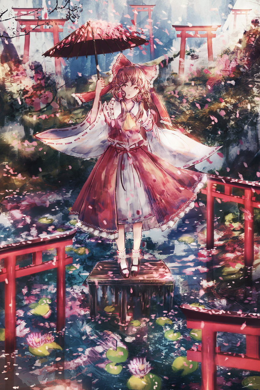 1girl :o absurdres ascot black_footwear bobby_socks bow branch brown_eyes brown_hair cherry_blossoms collared_dress commentary detached_sleeves dress eyebrows_behind_hair flower frilled_bow frilled_hair_tubes frilled_shirt_collar frills full_body hair_bow hair_tubes hakurei_reimu hand_up highres holding holding_umbrella layered_clothing lily_(flower) lily_pad long_sleeves looking_to_the_side open_mouth parasol pink_flower platform red_bow red_ribbon red_skirt red_vest ribbon ribbon-trimmed_dress ribbon-trimmed_legwear ribbon-trimmed_sleeves ribbon_trim shoes short_hair_with_long_locks skirt skirt_set sleeveless sleeveless_dress socks solo tonan_(l0l0l0l0l0l) torii touhou umbrella vest water white_dress white_legwear white_sleeves wide_sleeves yellow_ascot