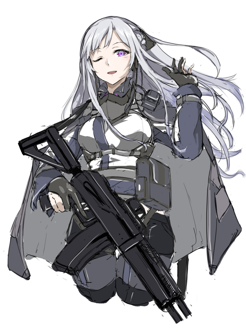1girl ak-12 ak-12_(girls'_frontline) arm_up bangs black_cloak black_gloves breasts cloak cropped_legs eyebrows_visible_through_hair girls_frontline gloves gun highres holding holding_gun holding_weapon kalashnikov_rifle long_hair looking_at_viewer marche_mk14 medium_breasts one_eye_closed open_mouth partially_fingerless_gloves silver_hair smile solo standing tactical_clothes violet_eyes walkie-talkie weapon white_background