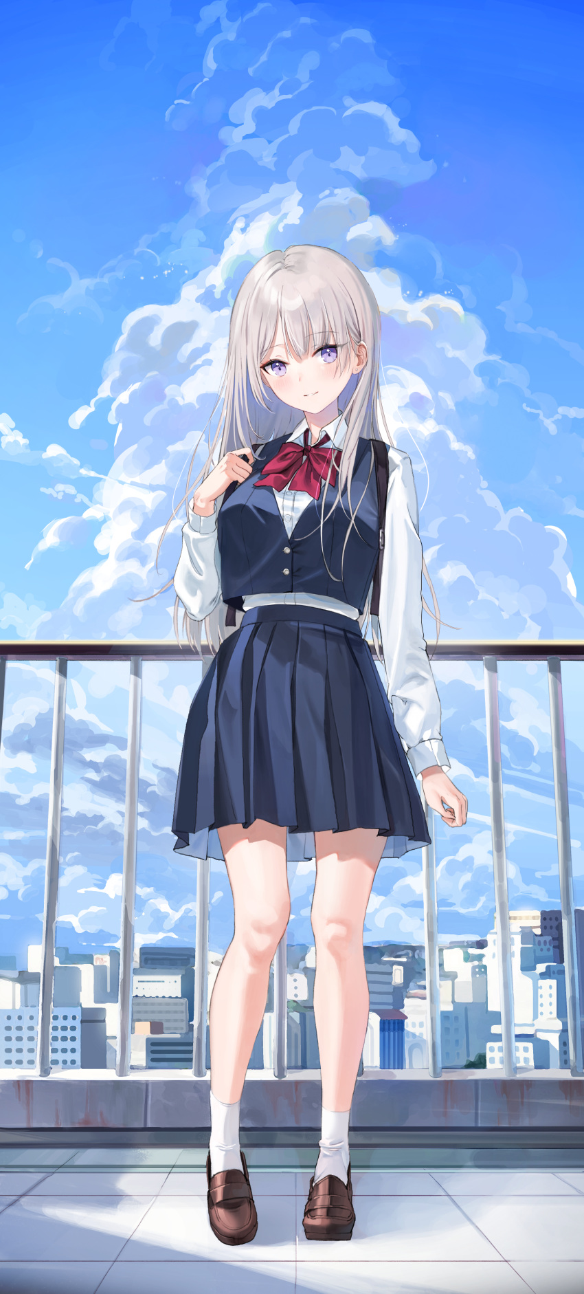 1girl absurdres ankle_socks bare_legs black_skirt black_vest blue_sky brown_footwear buttons clouds cloudy_sky commentary day dress_shirt emyo english_commentary full_body high-waist_skirt highres loafers long_hair long_sleeves looking_at_viewer original outdoors pleated_skirt school_uniform shirt shirt_tucked_in shoes skirt sky smile socks solo standing vest violet_eyes white_hair white_legwear white_shirt