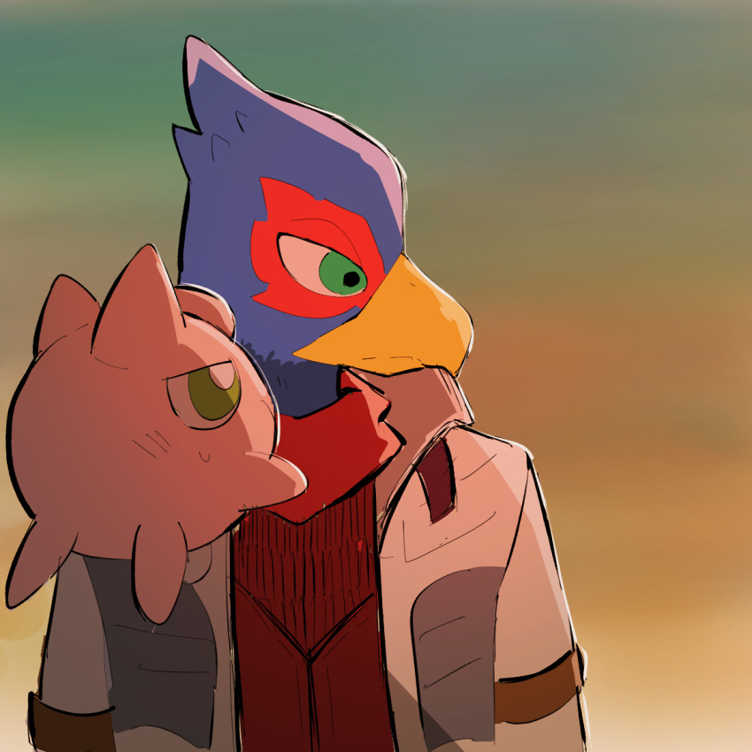 1boy backlighting bandana beak bird_boy blue_fur blush body_fur closed_mouth commentary_request crossover falco_lombardi from_side furry furry_male gradient gradient_background green_eyes half-closed_eyes highres jacket jigglypuff jumpsuit light_blush long_sleeves looking_at_another looking_to_the_side looking_up open_clothes open_jacket pokemon pokemon_(creature) red_fur red_jumpsuit simple_background sketch star_fox super_smash_bros. sweat two-tone_fur udon_(udon_xxx) upper_body white_jacket