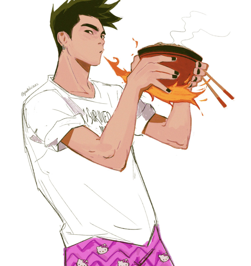 1boy american_dragon_jake_long black_eyes black_hair black_nails bowl boxers breathing_fire character_print chopsticks clothes_writing ear_piercing english_text fire food from_side hands_up hello_kitty_(character) highres holding holding_food jake_long looking_at_viewer male_focus male_underwear noodles padeliciouss piercing pink_male_underwear print_male_underwear shirt short_hair short_sleeves simple_background sketch sleeves_rolled_up solo spiky_hair t-shirt twitter_username underwear white_background white_legwear white_shirt