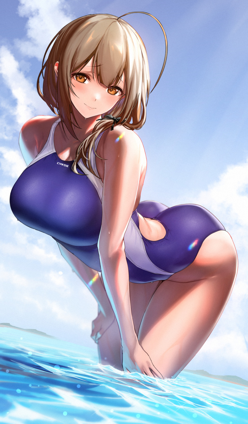 1girl absurdres ahoge arched_back ass bangs bare_shoulders blue_sky blue_swimsuit blush breasts brown_eyes brown_hair collarbone hair_over_shoulder highres idolmaster idolmaster_shiny_colors kuwayama_chiyuki large_breasts leaning_forward long_hair looking_at_viewer ocean one-piece_swimsuit sky smile solo swimsuit thighs two-tone_swimsuit ulrich_(tagaragakuin) wading wet white_swimsuit