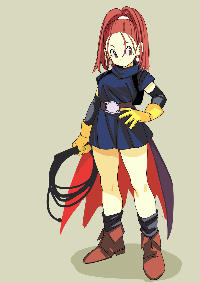 1girl absurdres barbara_(dq6) belt breasts cape closed_mouth dragon_quest dragon_quest_vi earrings elbow_gloves full_body gloves hand_on_hip high_ponytail highres holding holding_whip jewelry long_hair looking_to_the_side ponytail redhead rokoido12 solo standing whip yellow_gloves