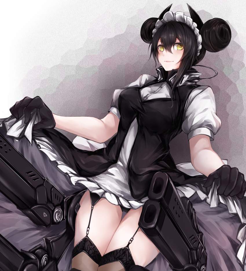 1girl agent_(girls'_frontline) bangs black_dress black_gloves black_hair black_legwear blush breasts closed_mouth clothes_lift commission double_bun dress dress_lift eyebrows_visible_through_hair feet_out_of_frame garter_straps girls_frontline gloves highres lips maid maid_headdress marche_mk14 medium_breasts medium_hair revision sangvis_ferri simple_background skeb_commission smile solo standing thigh-highs yellow_eyes