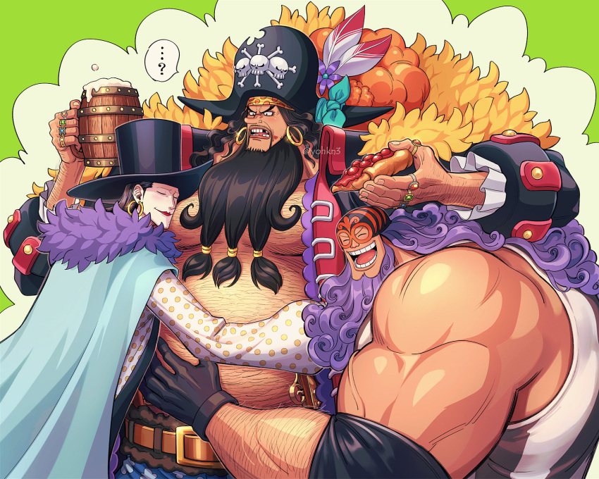 ... 3boys ? alcohol arm_hair bare_shoulders beard beer beer_mug belly belt black_hair cake cake_slice camisole cape chest_hair closed_eyes closed_mouth coat collared_coat confused cup curly_hair drink earrings elbow_pads eye_mask facial_hair food food_on_face frilled_sleeves frills gloves hat head_on_chest height_difference highres holding holding_cup holding_food hoop_earrings hug jesus_burgess jewelry lafitte lipstick long_hair long_sleeves makeup male_focus marshall_d._teach mask missing_teeth mug multiple_boys muscular muscular_male obese one_piece open_clothes open_coat open_mouth pale_skin pectorals pirate pirate_costume pirate_hat purple_hair ring shirt skull_and_crossbones small_head smile spoken_ellipsis spoken_question_mark stomach tan wooden_cup wrestling_mask youkan_(tako)