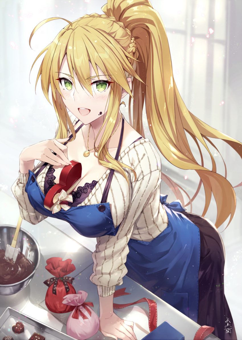 1girl ahoge artoria_pendragon_(fate) artoria_pendragon_(swimsuit_ruler)_(fate) bangs blonde_hair blush braid breasts fate/grand_order fate_(series) french_braid gabiran green_eyes hair_between_eyes highres large_breasts long_hair long_sleeves looking_at_viewer open_mouth ponytail sidelocks smile solo