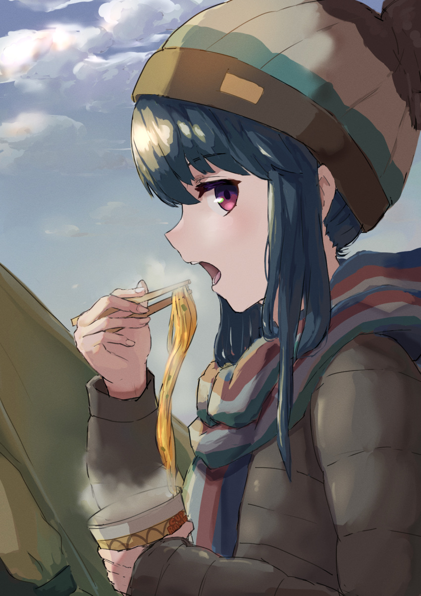 1girl beanie blue_hair brown_headwear brown_jacket chopsticks clouds commentary_request cup day eating eyebrows_visible_through_hair food from_side hair_between_eyes hand_up hat highres holding holding_chopsticks holding_cup ito_t20a jacket long_hair long_sleeves looking_at_viewer looking_to_the_side multicolored_clothes multicolored_scarf noodles open_mouth outdoors pom_pom_(clothes) profile ramen scarf shima_rin sidelocks sketch solo steam striped striped_scarf tent upper_body violet_eyes yurucamp