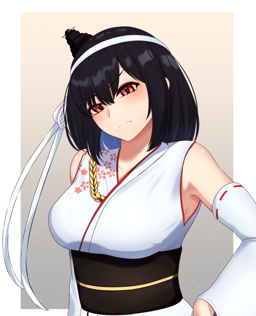 1girl absurdres arugou black_hair breasts detached_sleeves floral_print hair_ornament headband highres japanese_clothes kantai_collection large_breasts nontraditional_miko obi red_eyes sash solo upper_body white_headband white_sleeves wide_sleeves yamashiro_(kancolle) yamashiro_(kantai_collection) yamashiro_kai_ni_(kancolle)