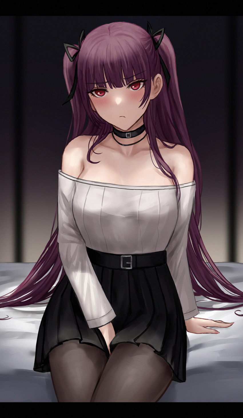 1girl bangs bare_shoulders between_legs black_choker black_legwear black_ribbon black_skirt blush breasts chinese_commentary choker closed_mouth collarbone commentary_request eyebrows_visible_through_hair girls_frontline grey_shirt hair_ornament hair_ribbon hand_between_legs highres large_breasts long_hair long_sleeves looking_at_viewer off_shoulder pantyhose purple_hair red_eyes ribbon selcky shirt shirt_tucked_in sitting skirt solo wa2000_(girls'_frontline)